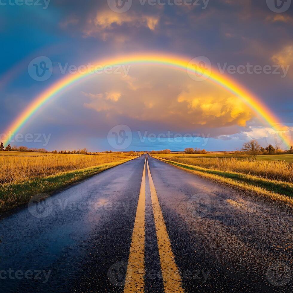 A rainbow is seen over an empty road photo