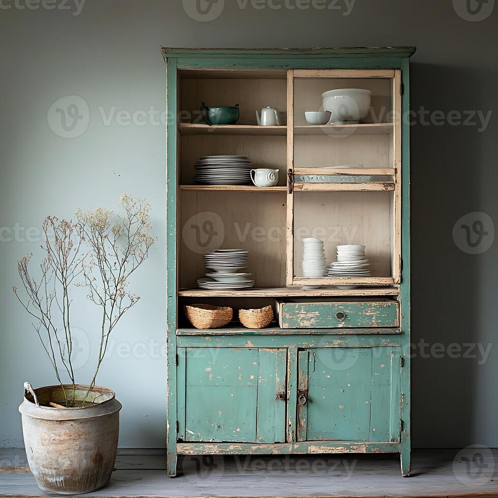 A green cabinet with plates and bowls on it photo