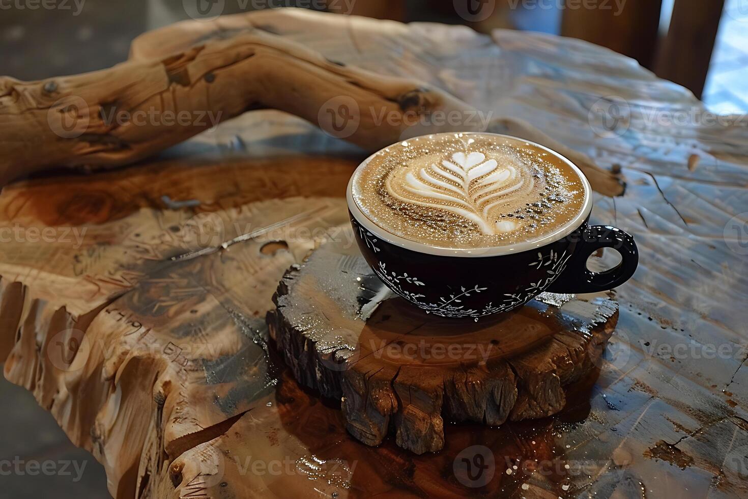 A coffee cup sitting on top of a wooden table photo