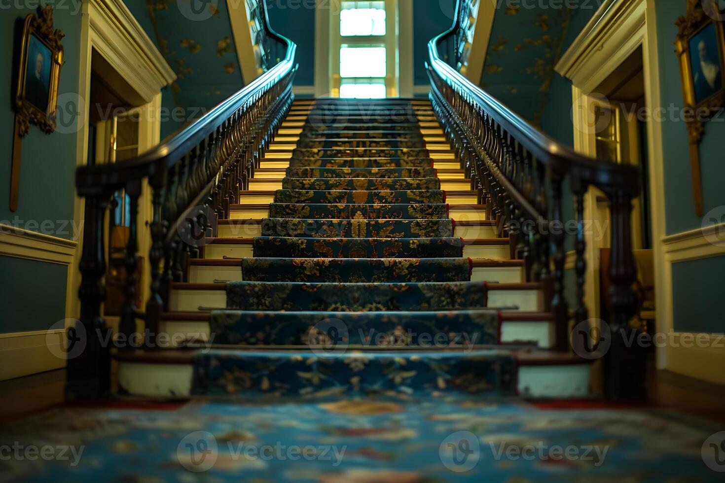 A staircase with blue carpet and ornate railings photo