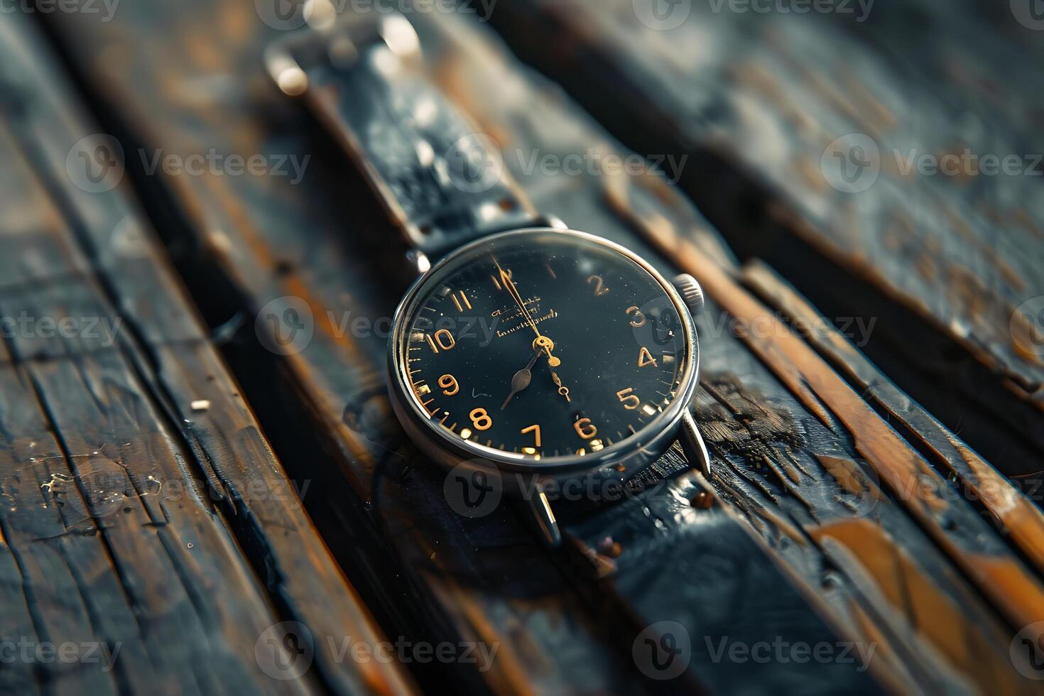 A watch sitting on a wooden surface photo