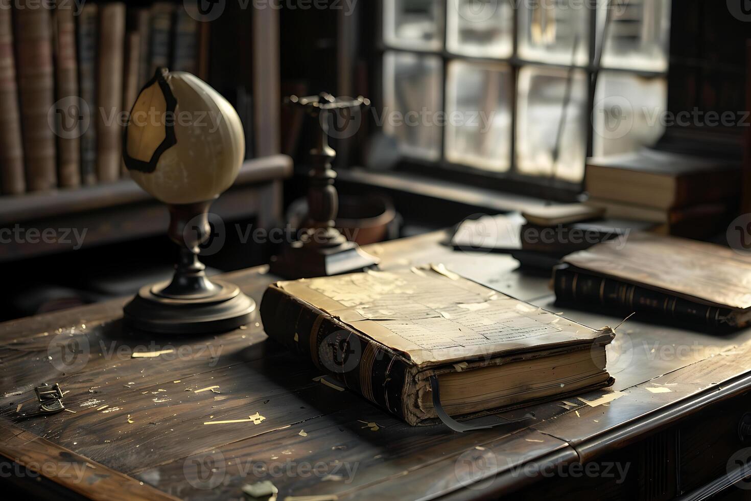 An old book on a desk next to a lamp photo