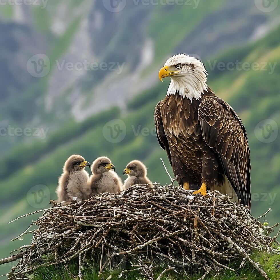 A bald eagle with her young on a nest photo