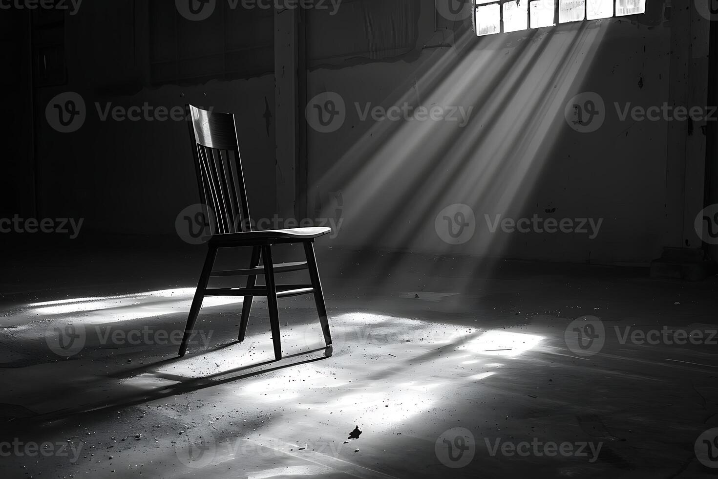 A chair in an empty room with sunlight shining through the window photo