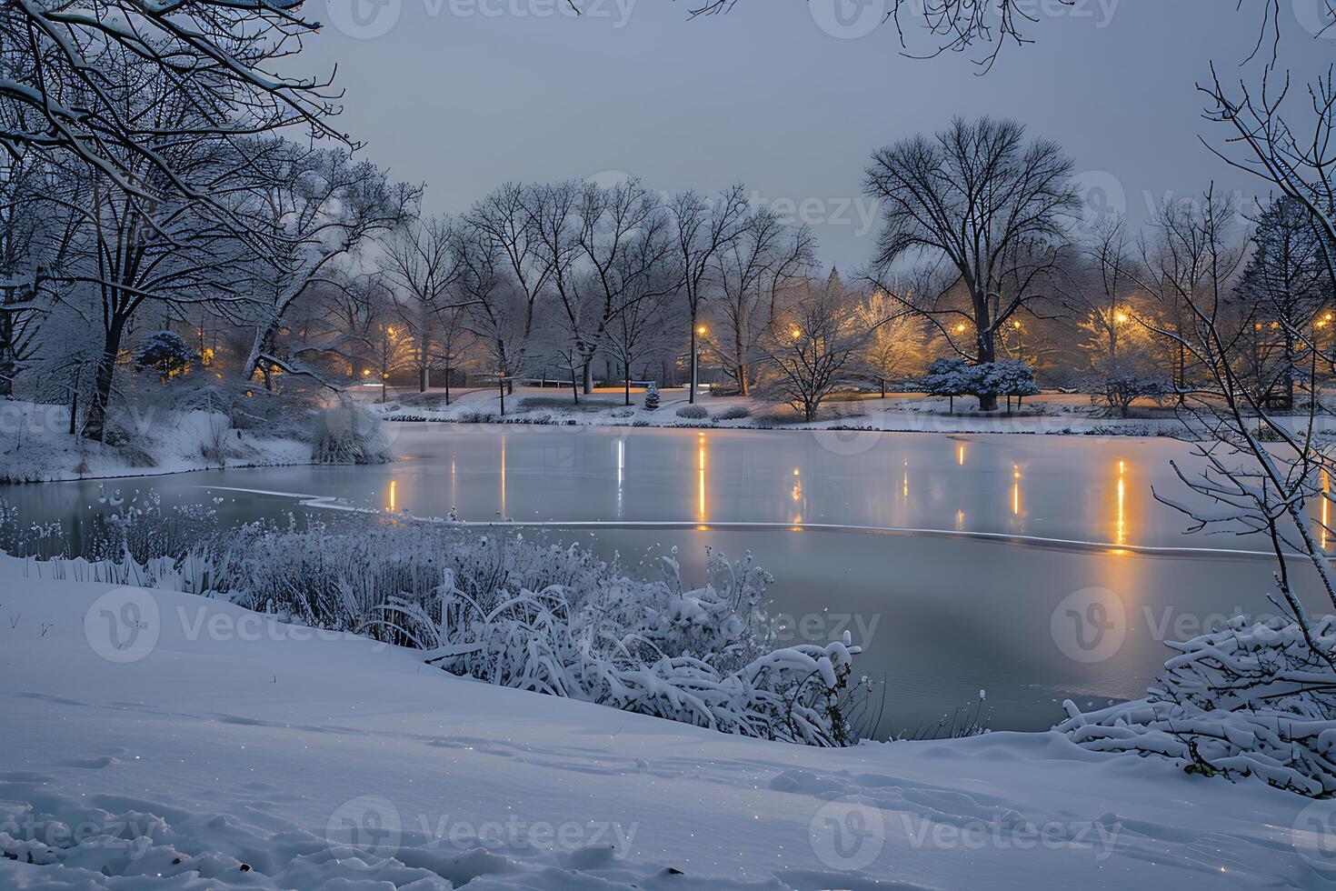 A pond with snow on the ground and trees photo