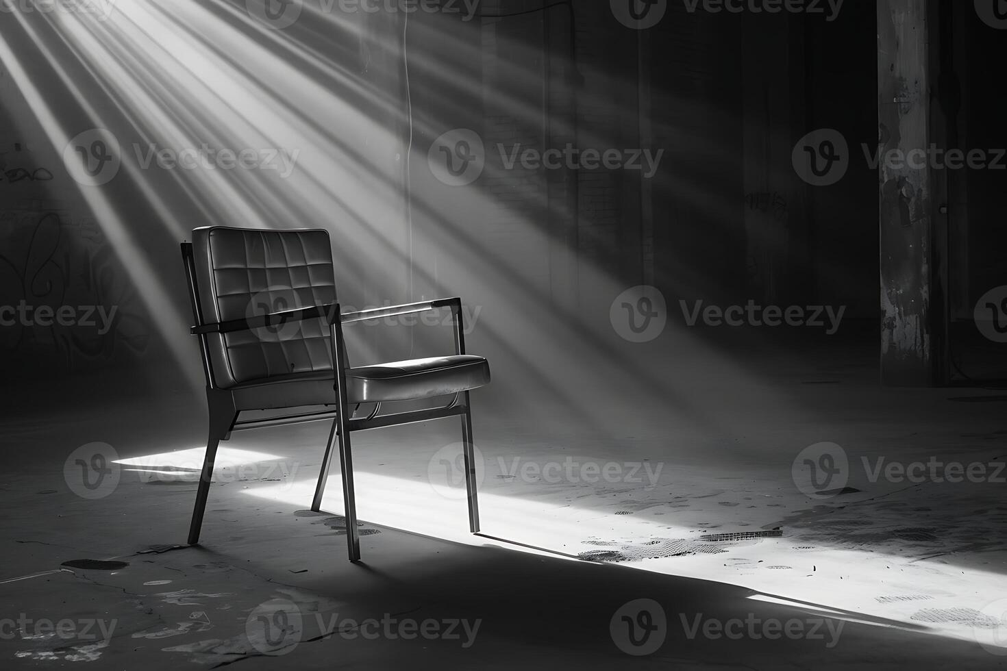 A chair in an abandoned building with sunlight shining through the window photo