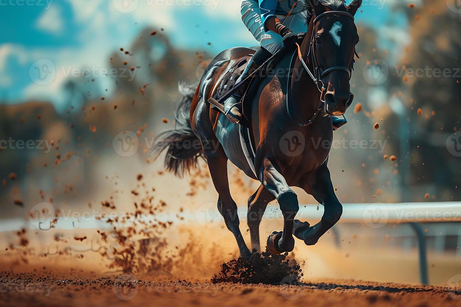 A jockey on a horse racing down a track photo