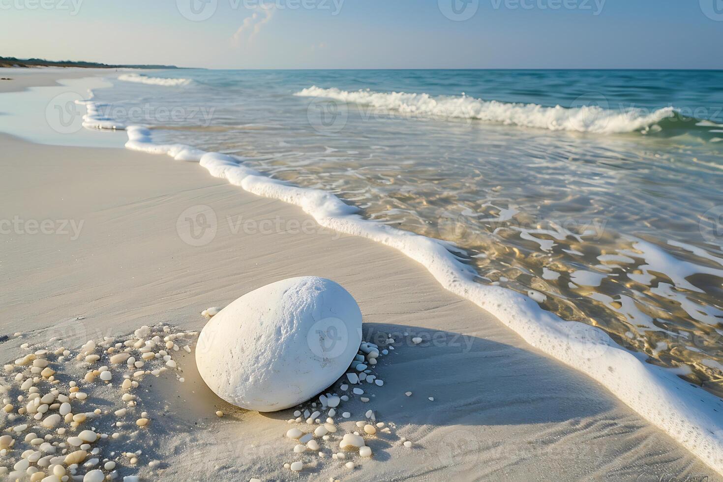 A white egg on the beach with shells photo