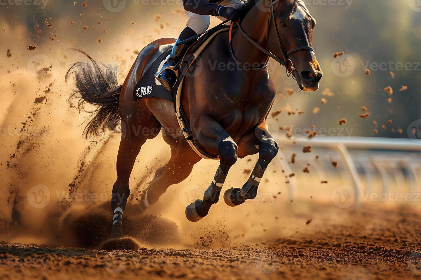 A jockey on a horse racing down a dirt track photo