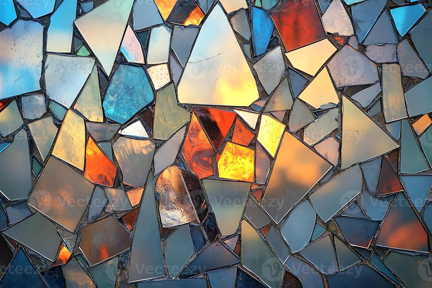 A colorful mosaic of broken glass with a sunset in the background photo