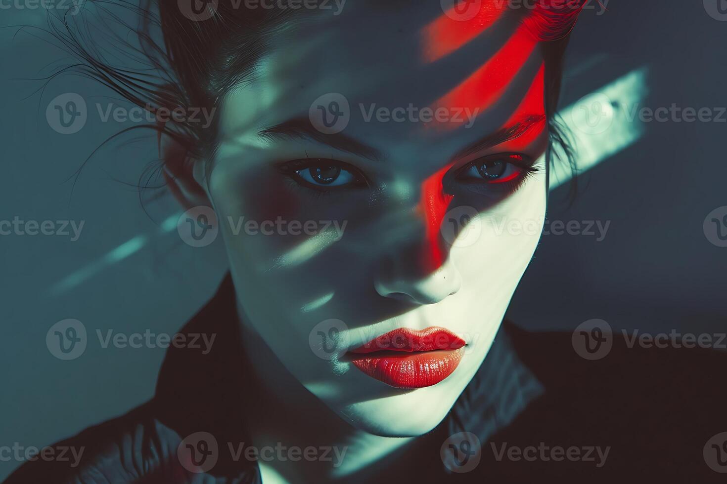 A woman with red eyes and red lipstick photo