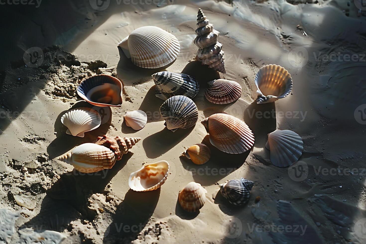 A group of shells on a beach photo