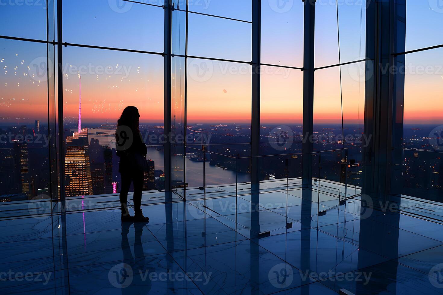 A woman standing in front of a large window looking out at a city photo