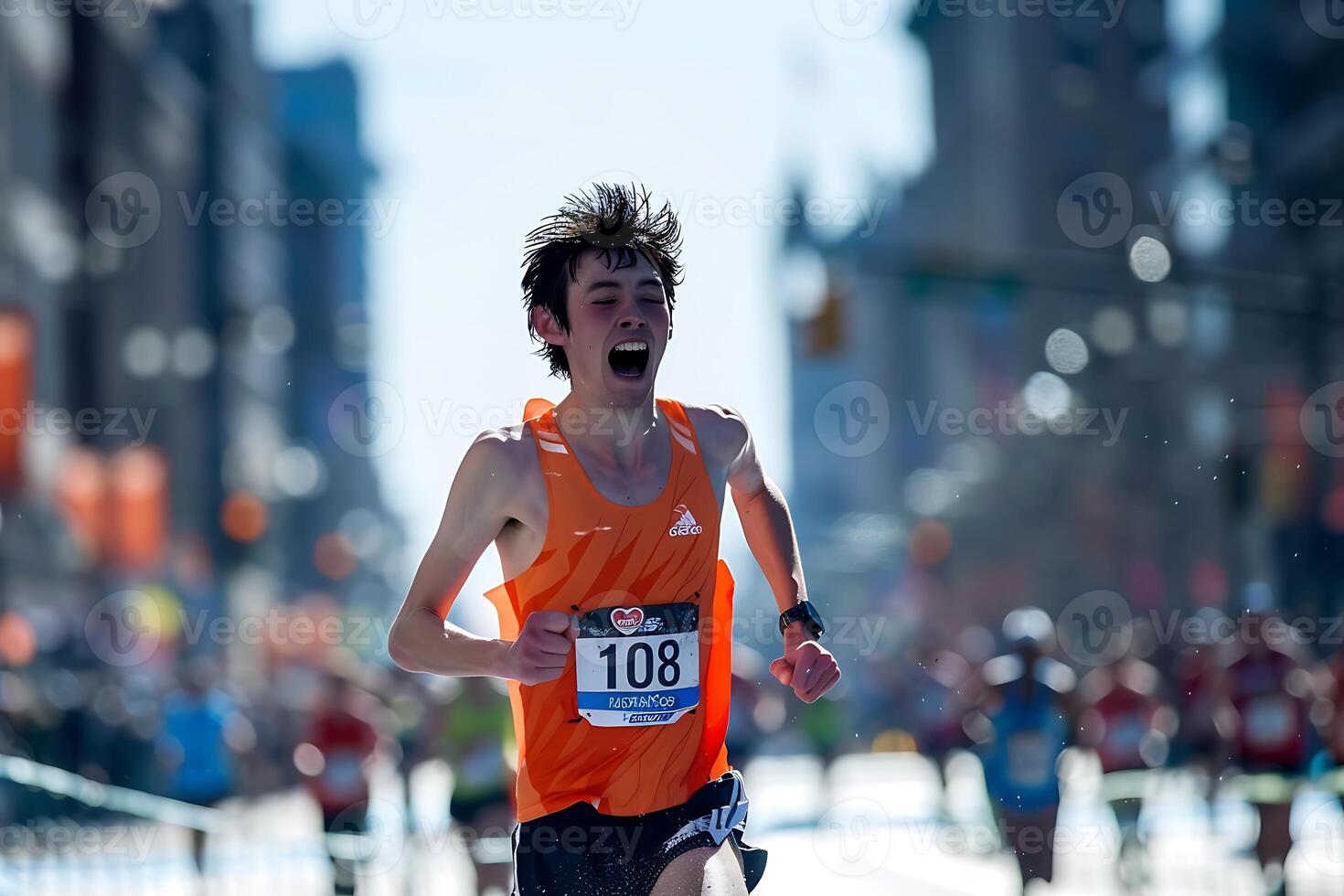 A man running in an orange shirt and shorts photo