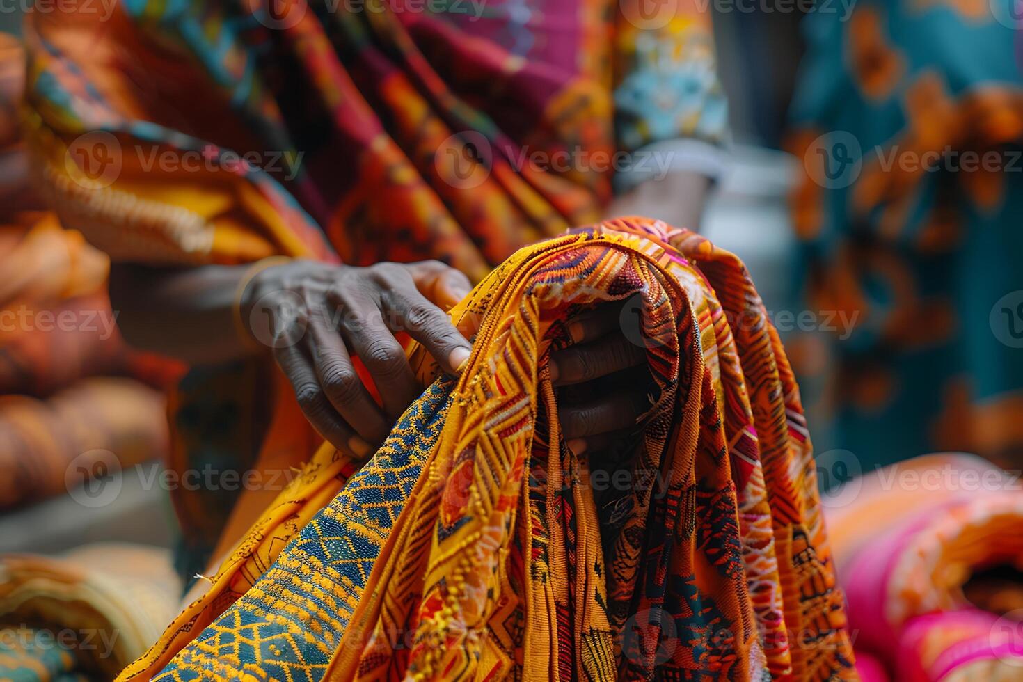 A woman is holding a colorful cloth in her hands photo