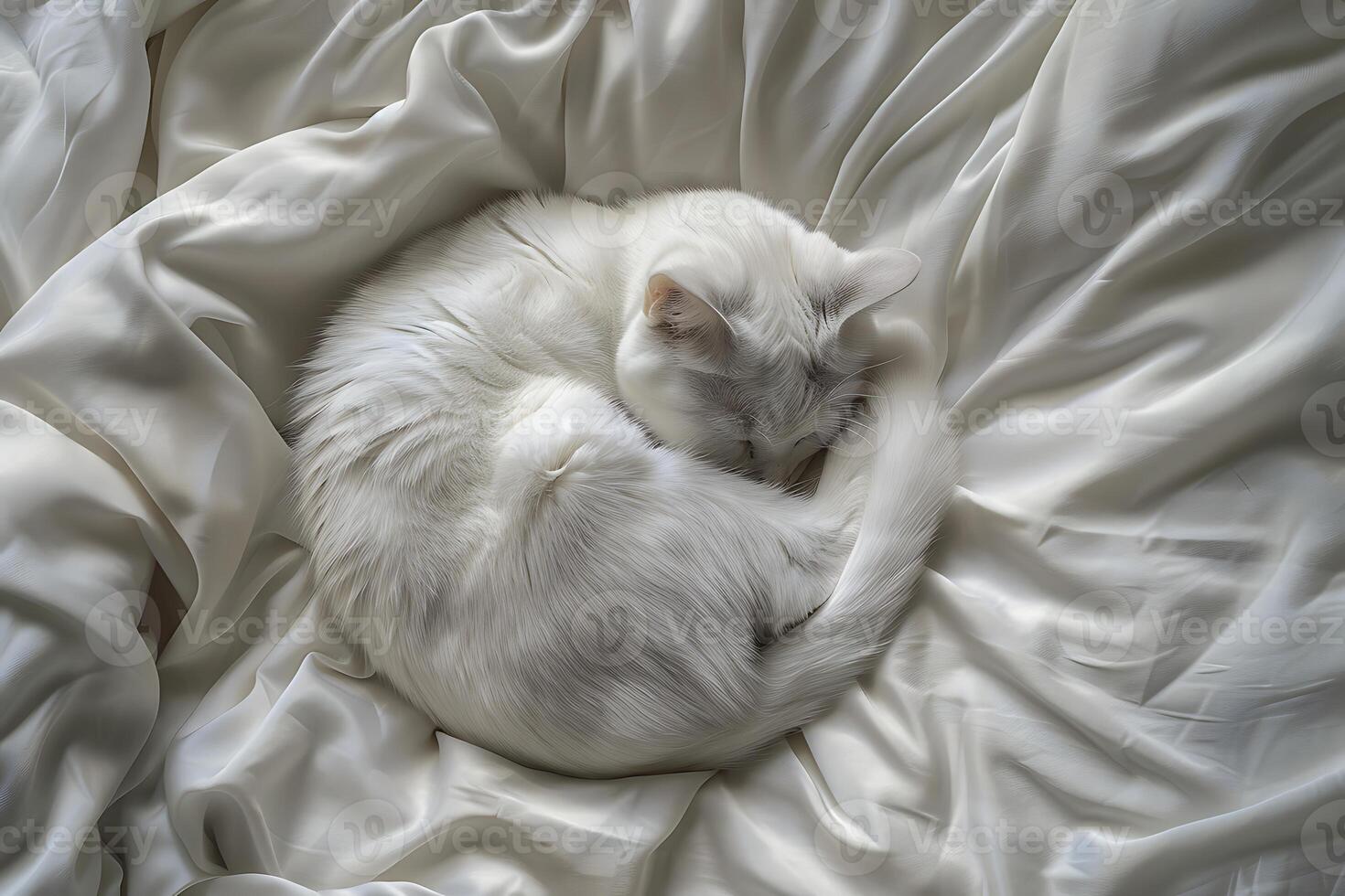 A white cat curled up in a bed photo