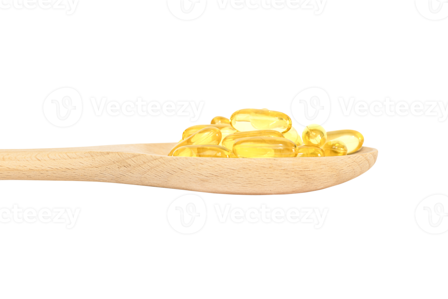 fish oil capsules on wooden spoon on transparent background png