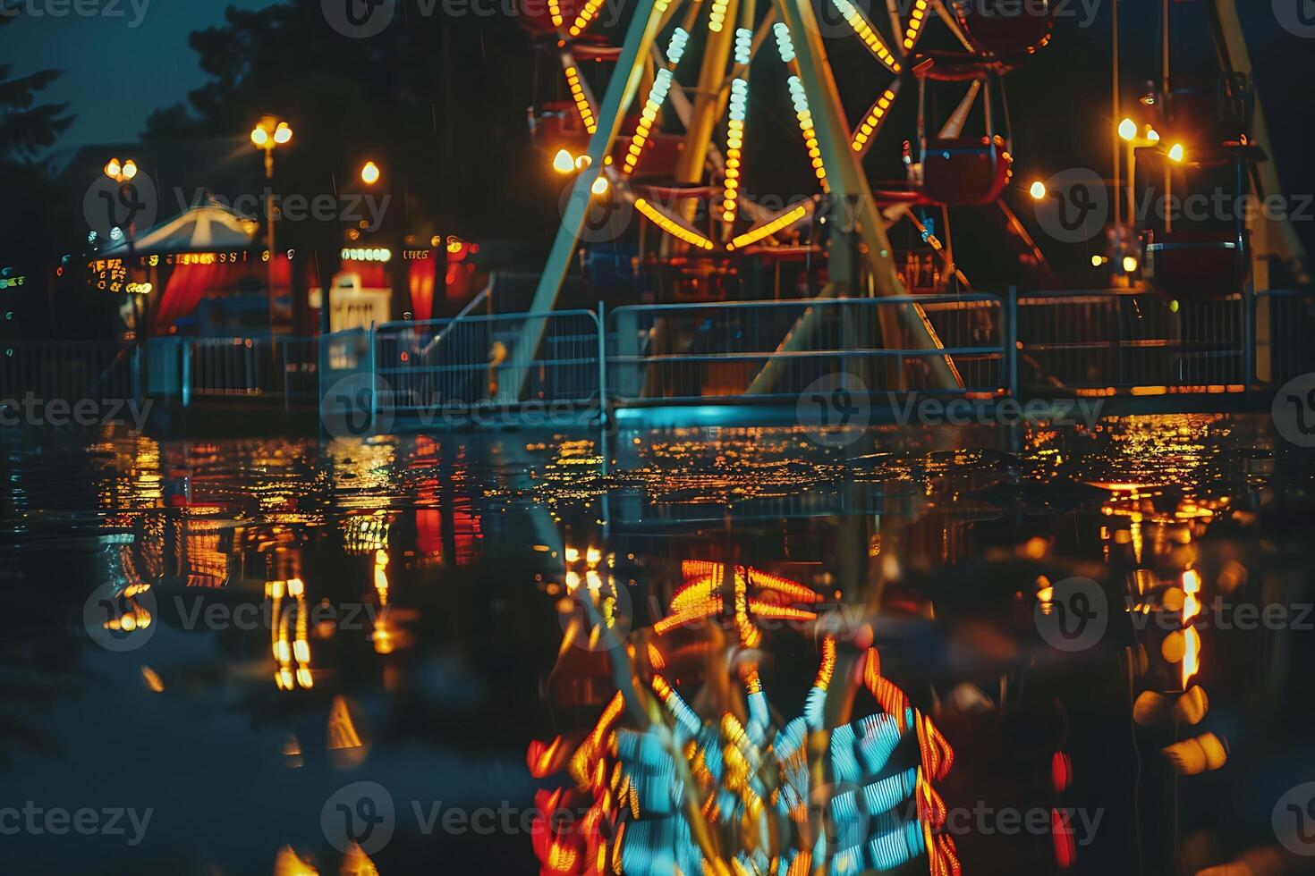 A ferris wheel is reflected in the water at night photo