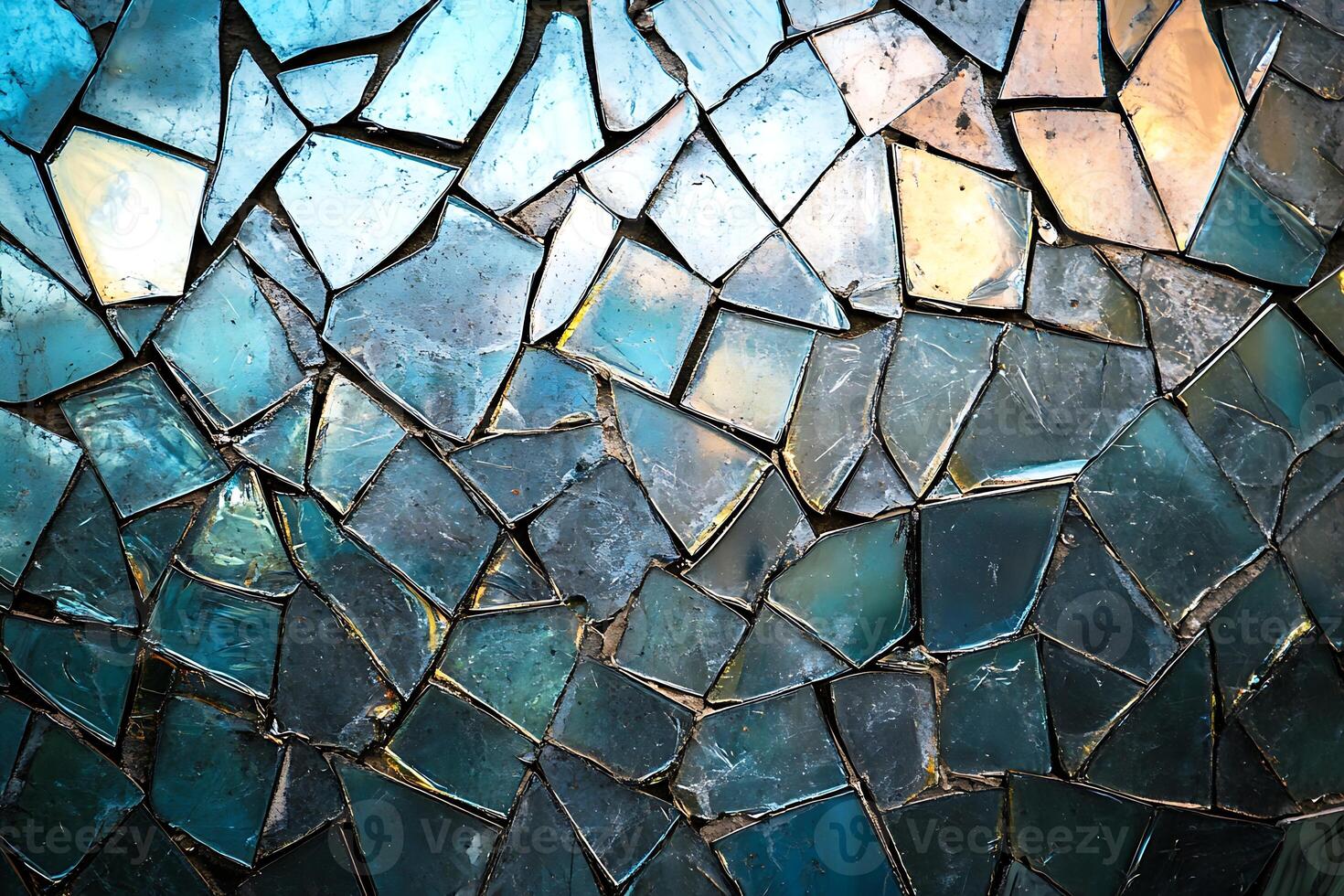 A blue and gold mosaic wall with many different colors photo