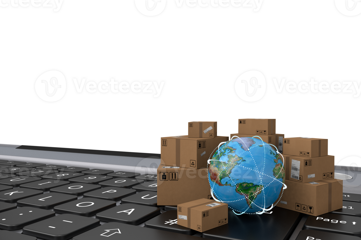 International shipping and logistics concept, cardboard boxes on laptop keyboard with earth globe png