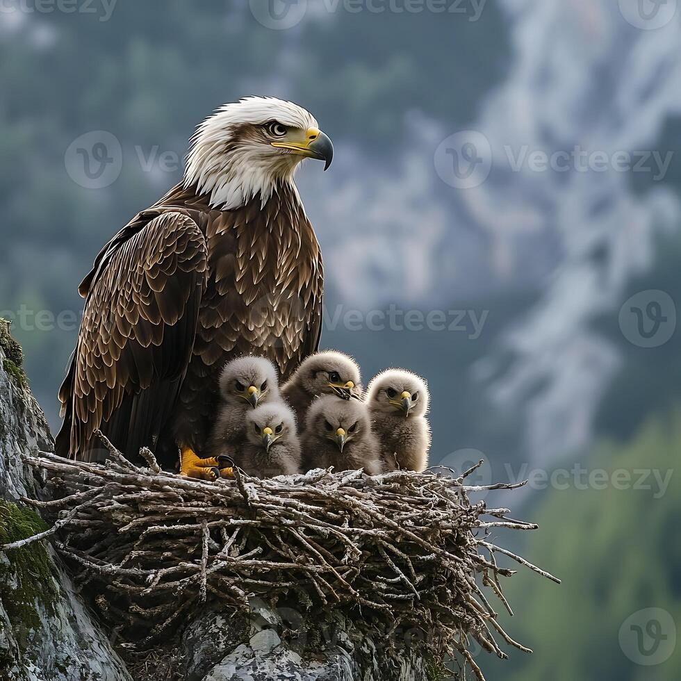 A bald eagle with her young on a nest photo