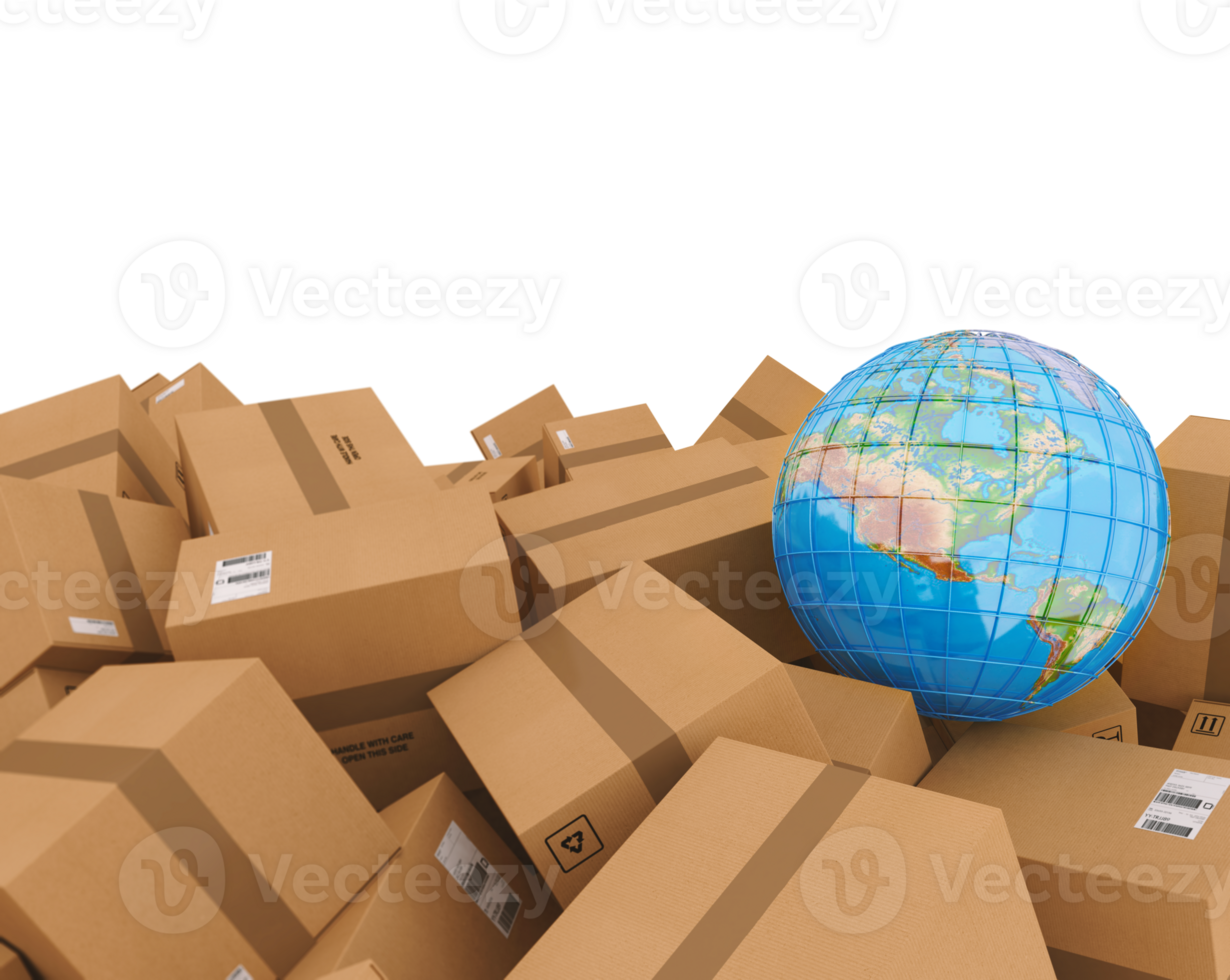 Planet earth resting on pile of cardboard boxes symbolizing global shipment png