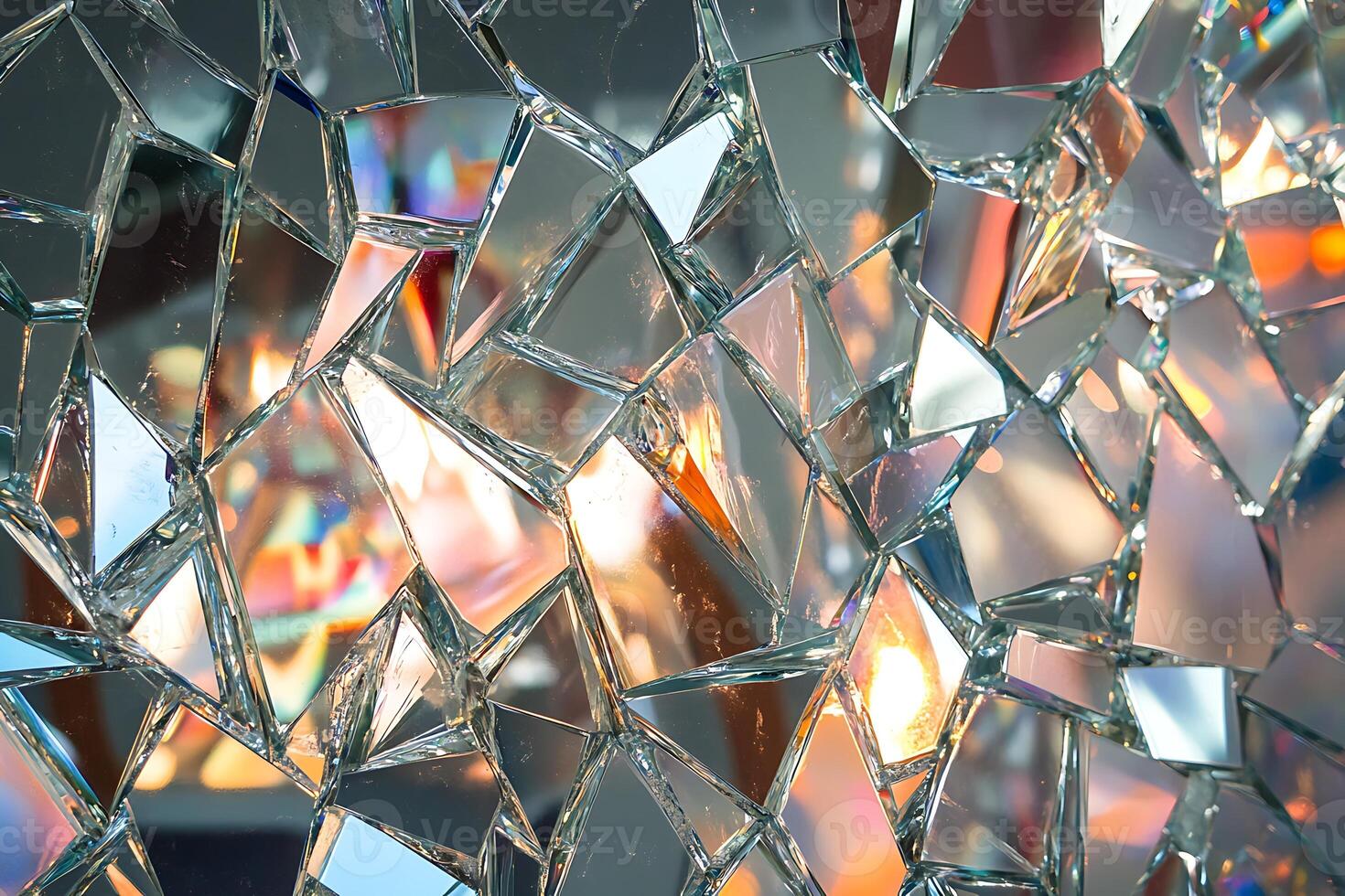A broken glass wall with a reflection of the sun photo