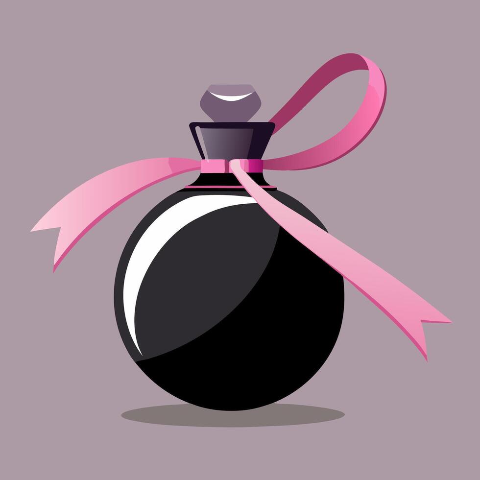 Elegant Black Glass Perfume Bottle with Delicate Pink Ribbon vector
