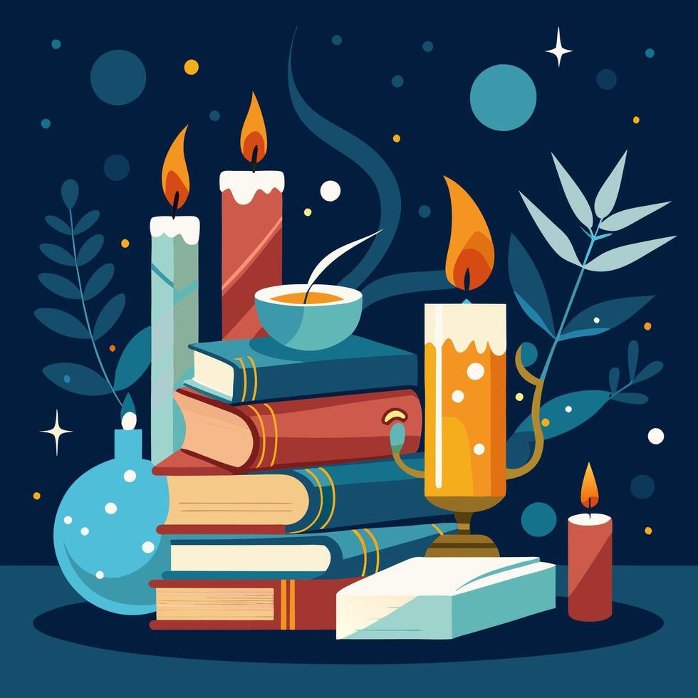 Winter Cozy Vibes Books and Candles on a Seasonal Background vector