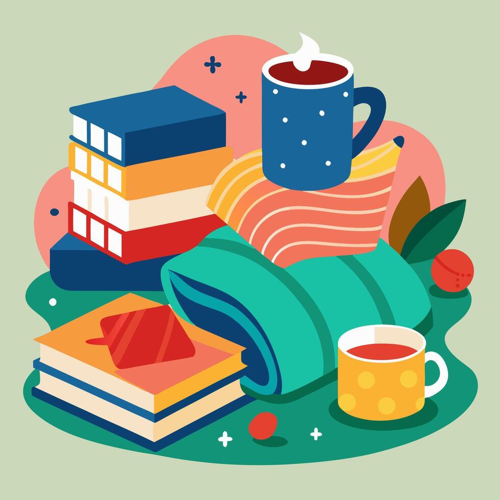 cozy evenings with blankets tea and books vector