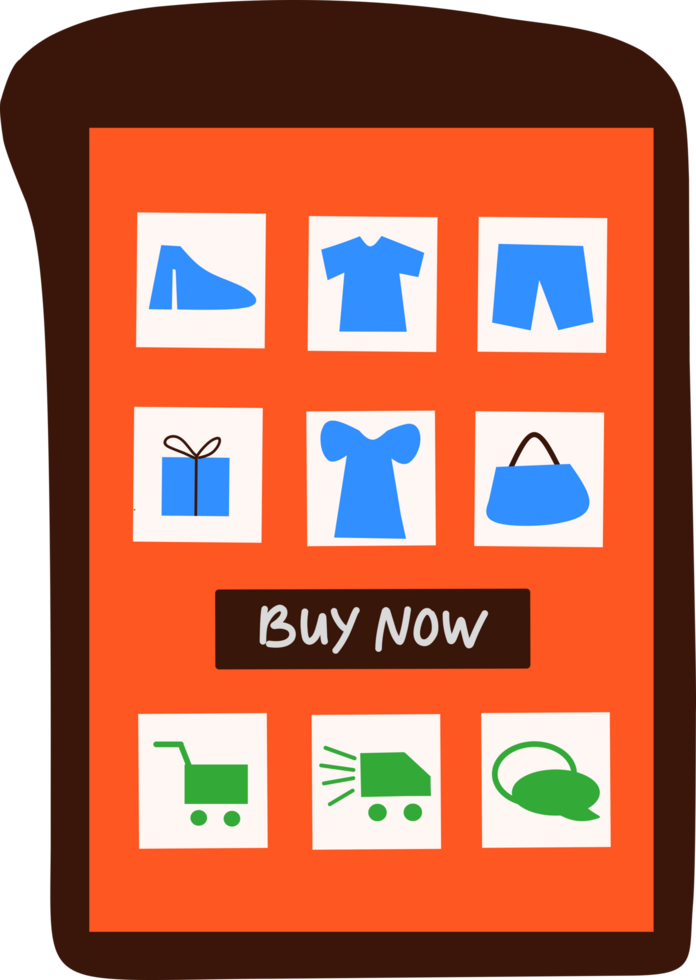 Illustration of the choice of goods in the marketplace with the buy now button on the smartphone screen png