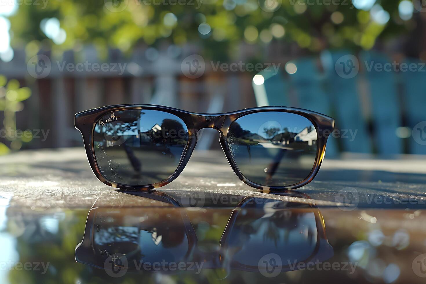 A pair of sunglasses with a reflection of the trees in the background photo