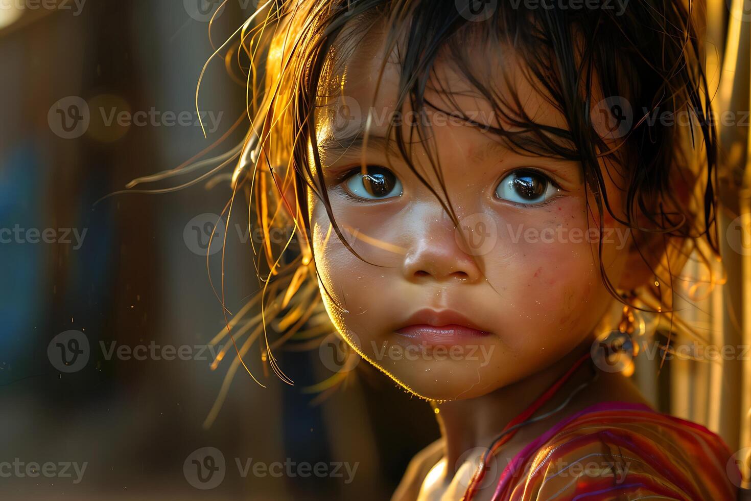 A little girl with long hair and blue eyes photo