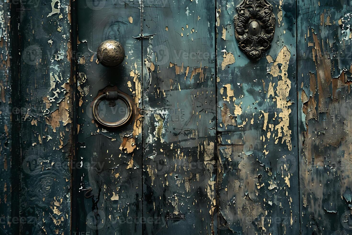 A door with peeling paint and a metal knocker photo