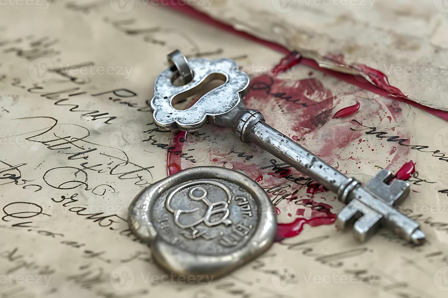 old key and wax seal on an old letter photo