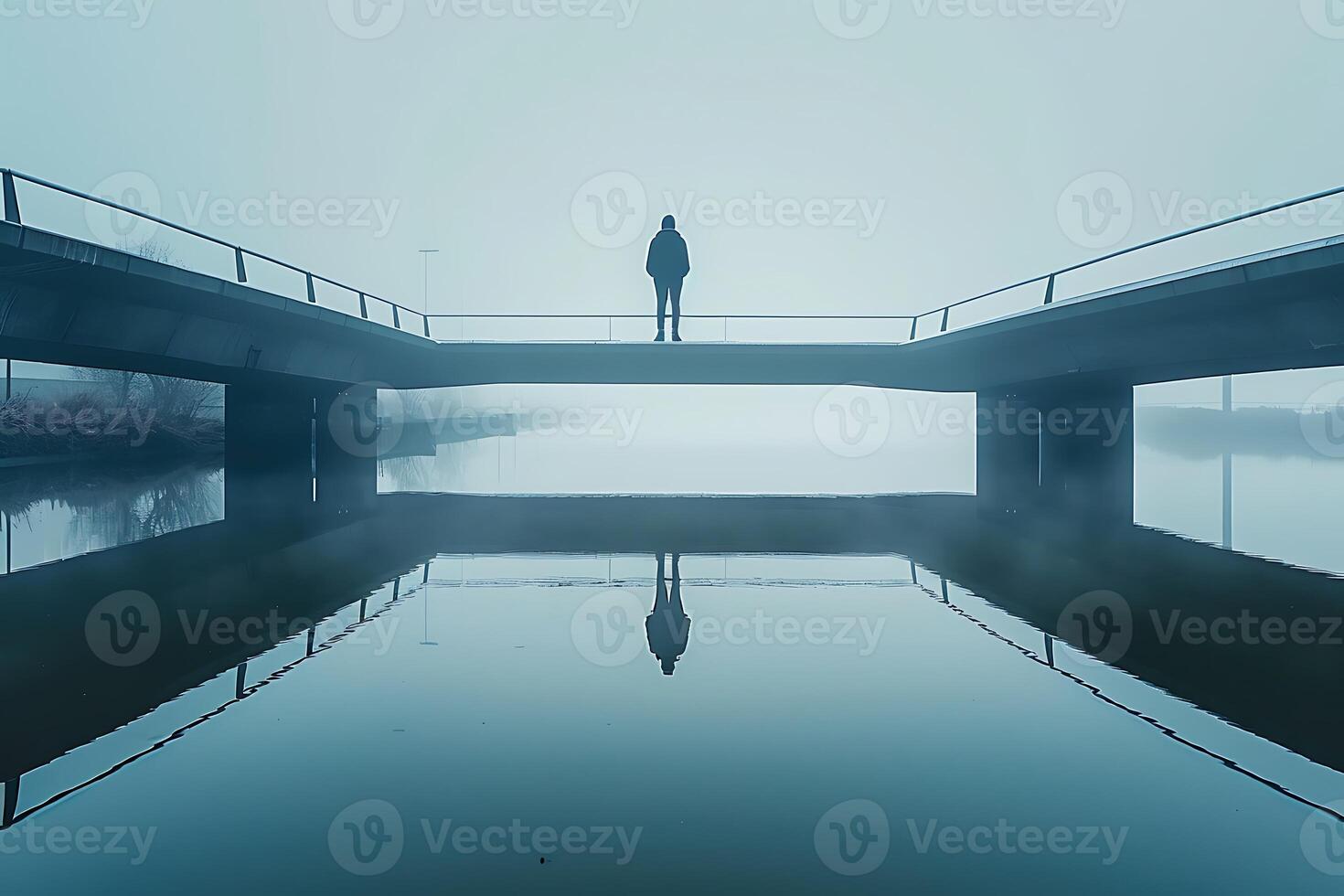 A person standing on a bridge over a body of water photo