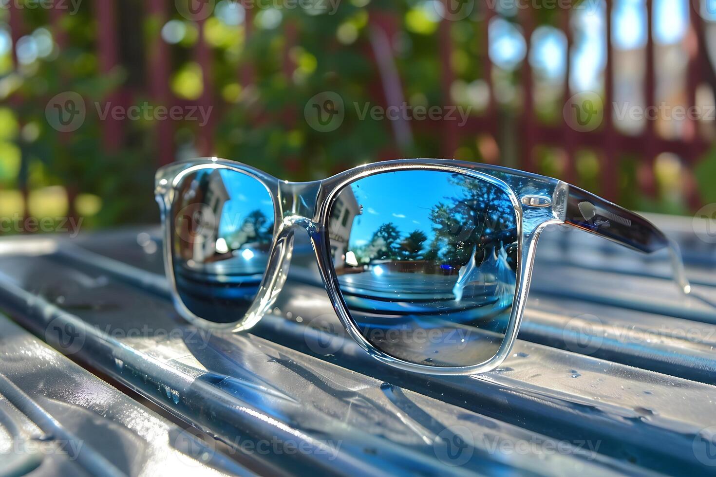 A pair of sunglasses with a reflection of the blue sky photo