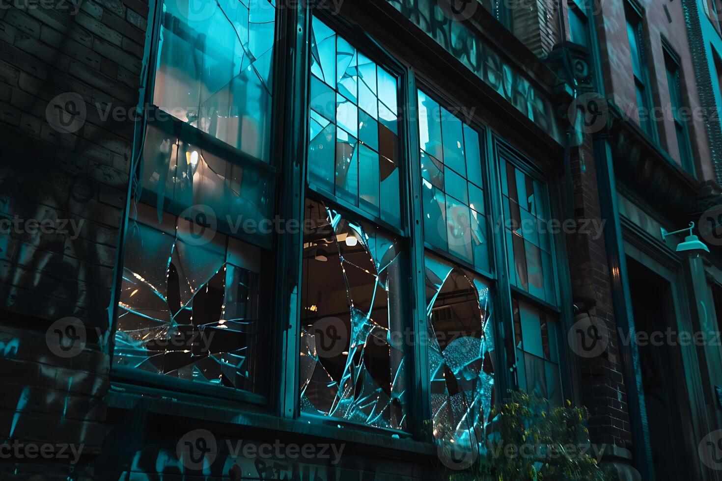Broken windows in a building at night photo