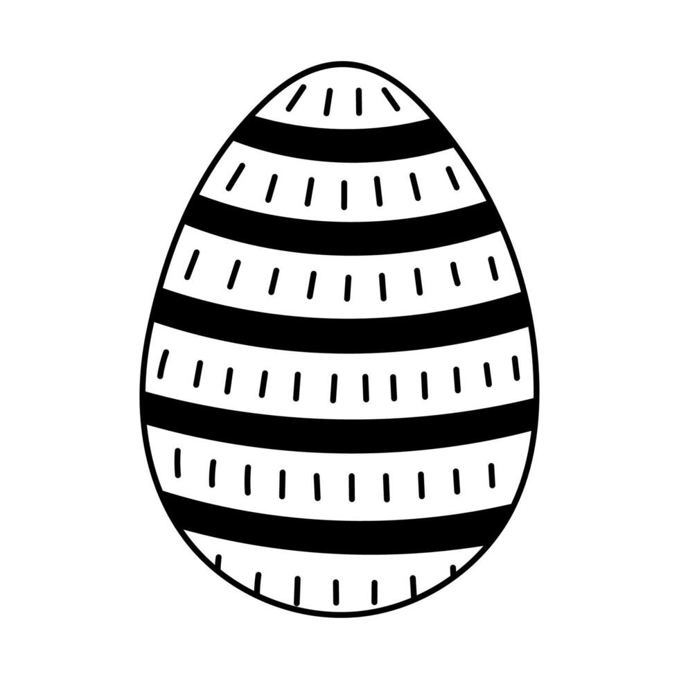 Lovely doodle painted egg with horizontal stripes and squiggle ornament for Easter egg hunt. Trendy hand drawn outline clipart for celebrating religious spring event isolated on white background. vector