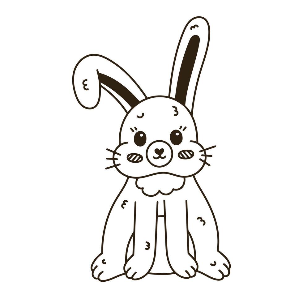 Lovely line Easter bunny with bent down ear standing and smiling. Childish hand drawn furry rabbit as symbol of Easter egg hunt at traditional springtime holiday. Spring doodle for poster, card. vector