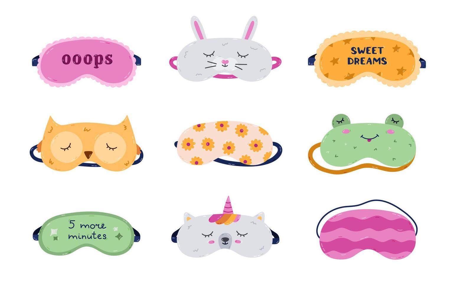 Lovely cartoon sleeping mask set with bunny, frog, unicorn head, sunflower and line pattern, Sweet Dreams lettering. Childish and girlish hand drawn eye mask isolated on white background. vector