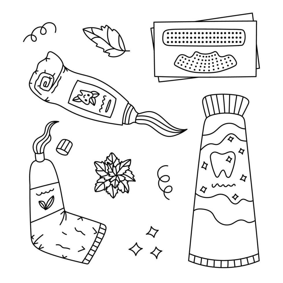 Lovely black and white doodle set of different toothpastes, teeth stripes for cleaning and whitening enamel. Hand drawn squeezing, rolled up, with closed cap tooth paste tubes isolated on background. vector