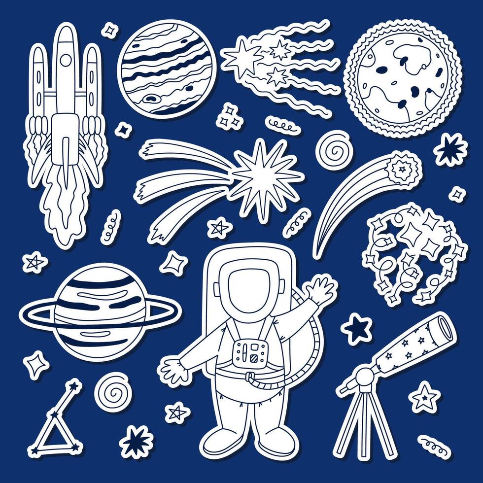 Cute line doodle sticker set about space and universe for planners, notebooks. Ready for print list of childish stickers with cosmonaut, rocket, telescope, the Sun, celestial bodies. Diary decoration. vector
