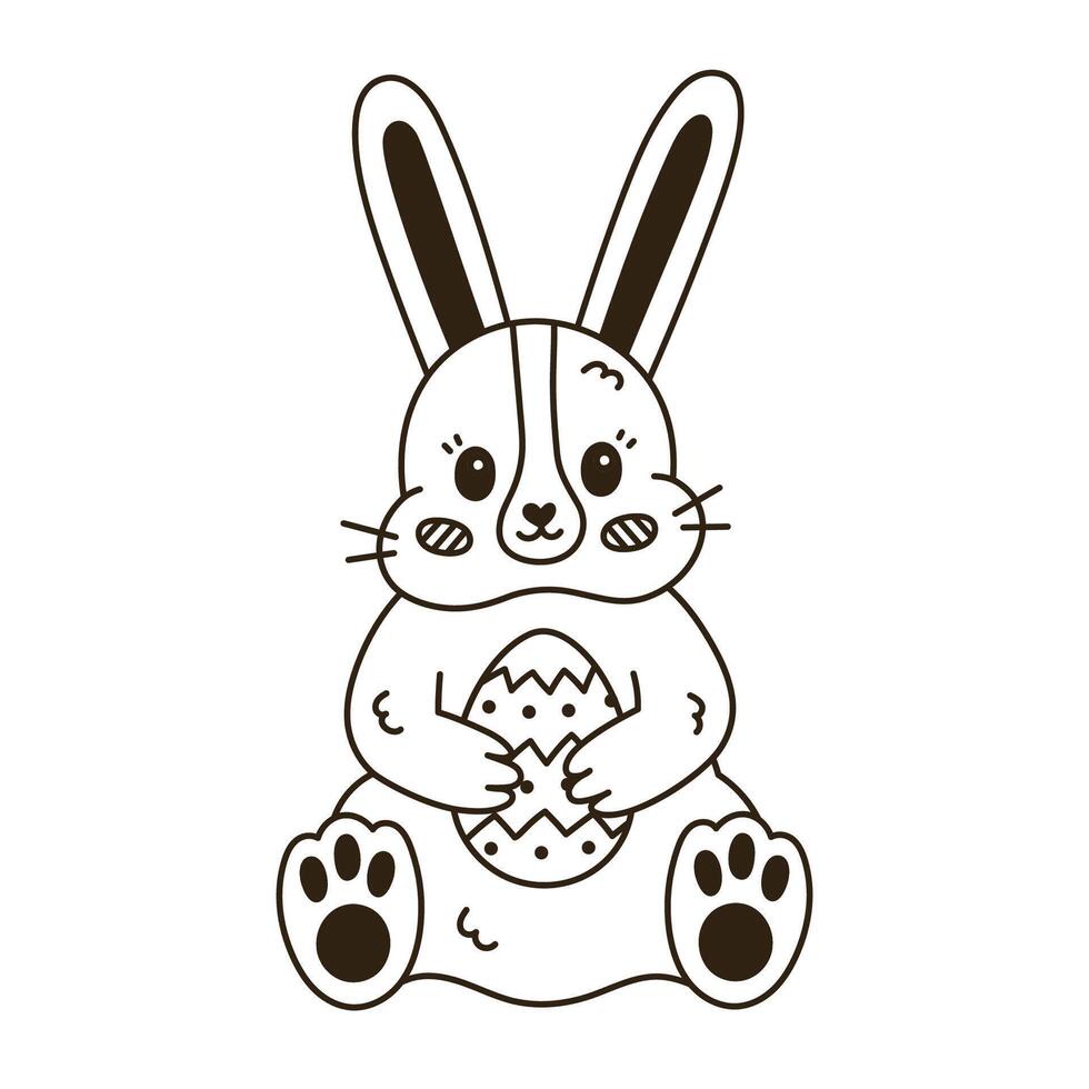 Lovely outline doodle Easter bunny with painted egg in the paws sitting and smiling. Hand drawn fluffy rabbit as sign of Easter egg hunt at religious holiday. Spring sticker for poster, card, design. vector