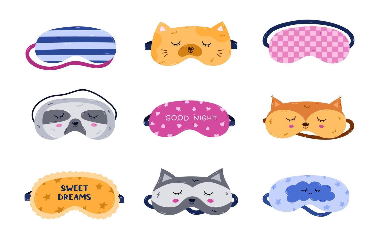 Lovely cartoon childish and feminine sleeping mask set with cat, raccoon, sloth head, geometric pattern, Good Night lettering. Hand drawn patterned eye mask. Bedtime accessory for comfort rest. vector