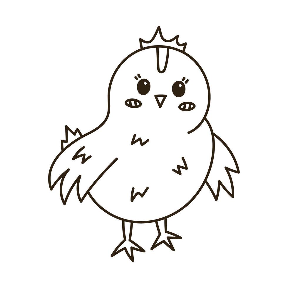 Lovely doodle Easter chick character standing and smiling. Cute hand drawn baby chicken as symbol of traditional springtime holiday. Funny outline farm bird, poultry isolated on white background. vector