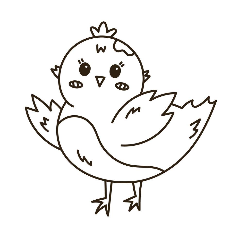 Lovely outline Easter chick character waving hello with wings. Cheerful hand drawn baby chicken as symbol of Easter, springtime, nature beginnings. Funny doodle farm bird, poultry isolated on white. vector