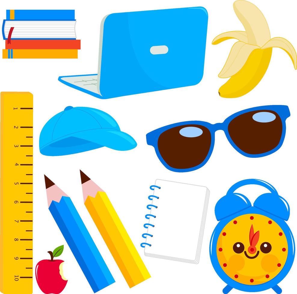 Cute school stationery and art supplies. School objects in yellow and blue colors. vector