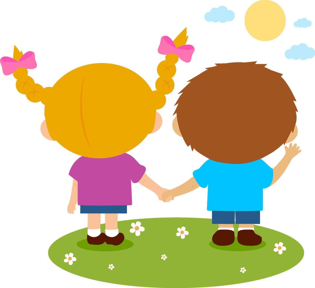 Little kids holding hands together with friends and feel happy, back view. Rear view of a girl and a boy standing and holding hands. vector