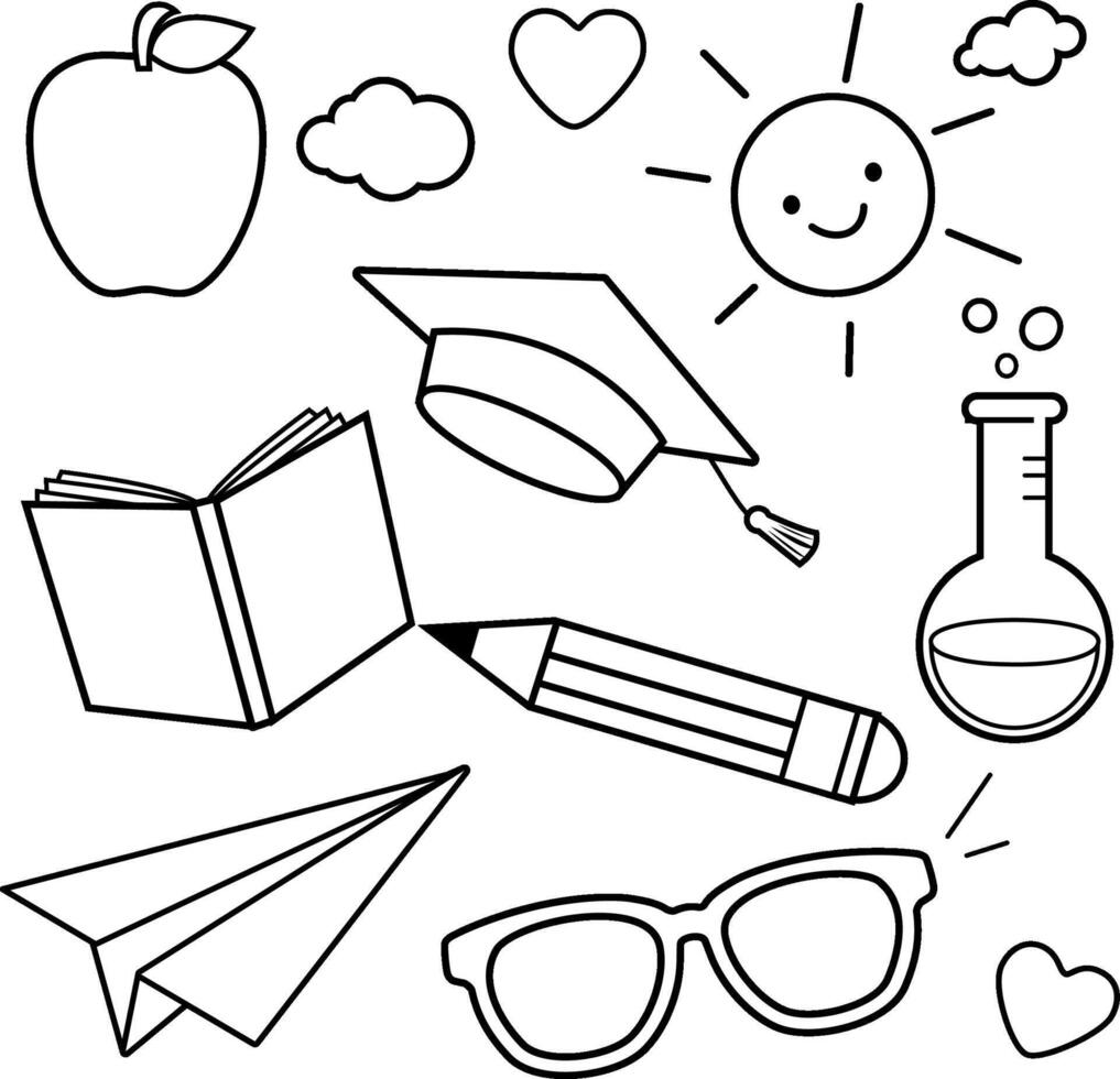 School themed sketch icons. Hand drawn back to school collection. School supplies, science symbols, study theme doodles. Black and white coloring page. vector